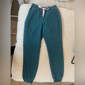 Figs deep green/blue scrub pants with Coral Drawstring